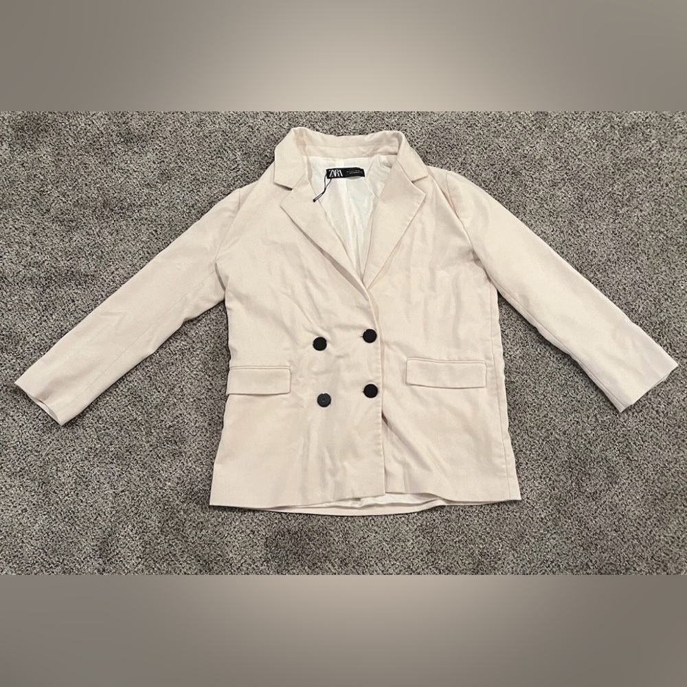 Zara Blazer Cream Long Sleeve Double Breasted Lined Jacket Pockets Women’s Large